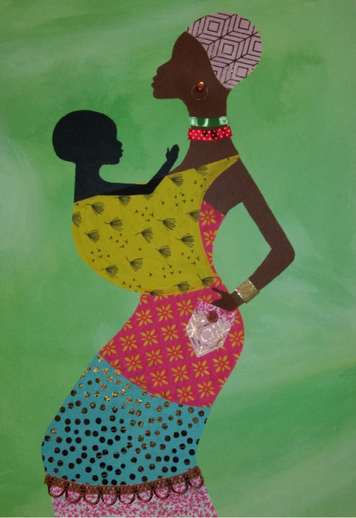 Afrikaanse vrouw met kind - acrylverf en textiel op canvas