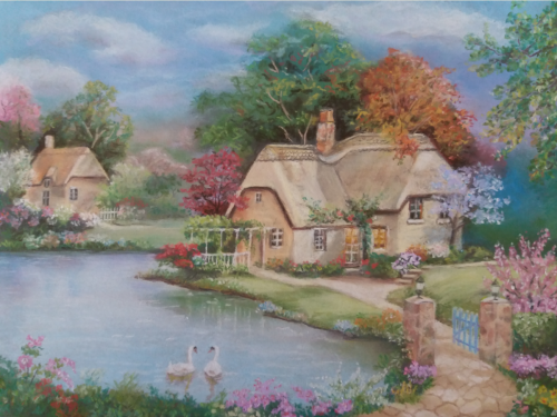 Swan cottage - origineel Sung Kim - pastelkrijt op schuurpapier